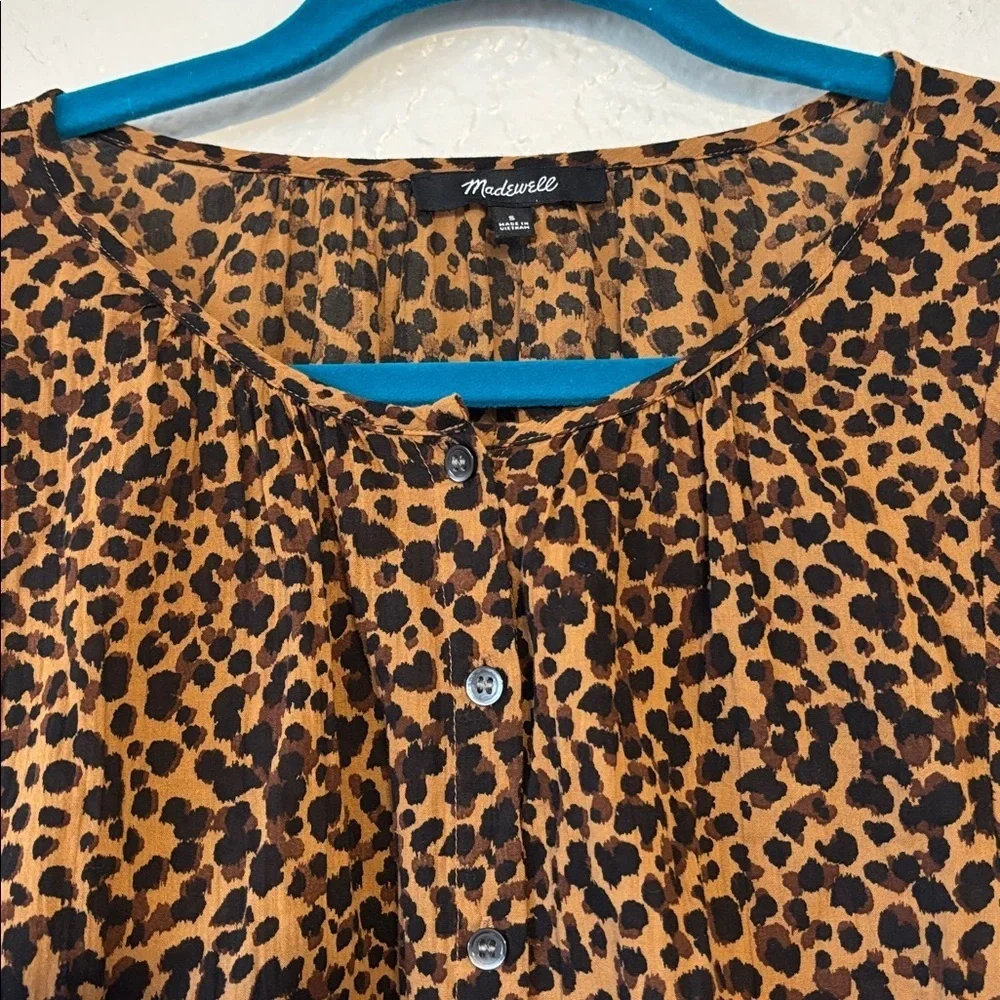 Madewell Leopard Animal Print Short Puff Sleeve Button Front Blouse S
